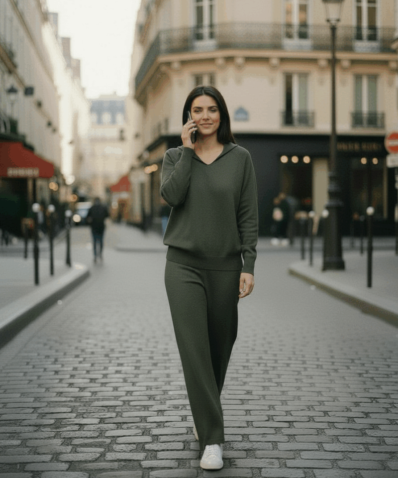 Ensemble cocooning en maille kaki