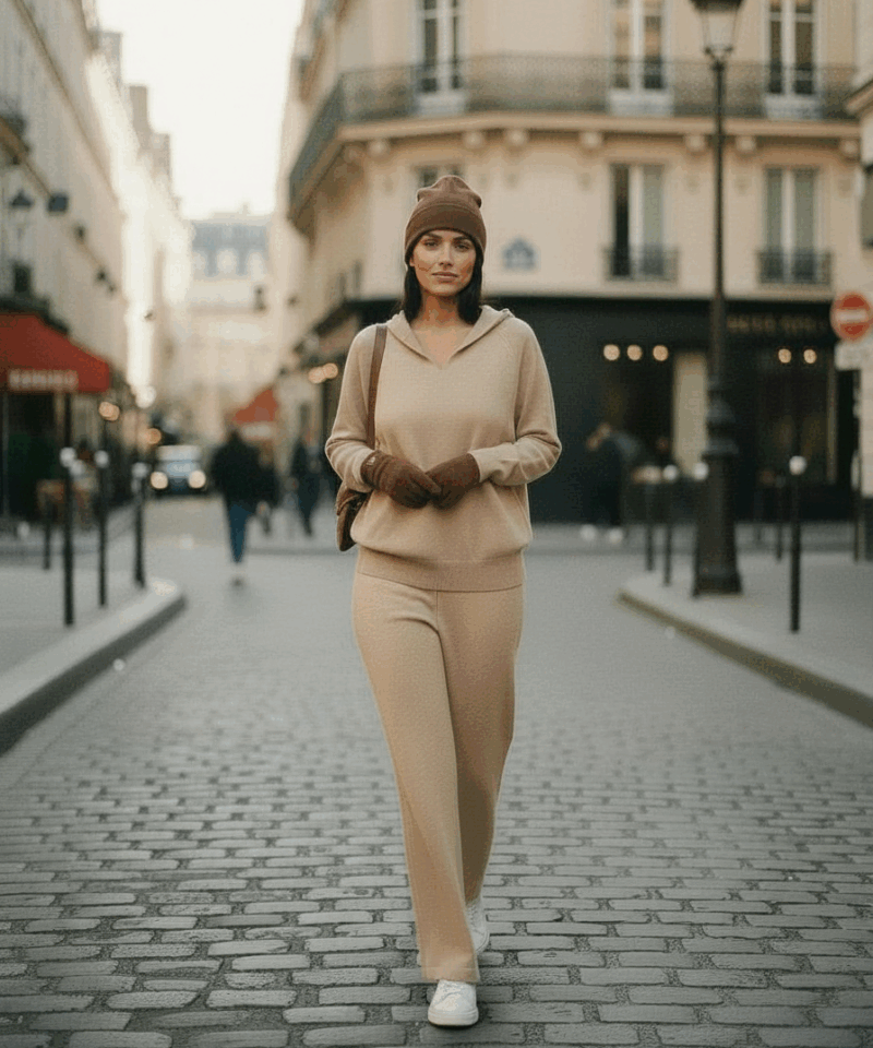 Ensemble cocooning en maille camel